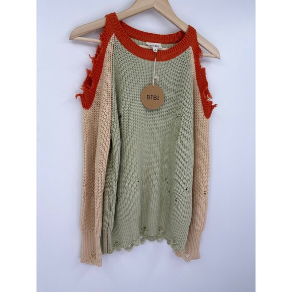 BIBI Distressed Cold Shoulder Knit Color Block Sweater Olive Small NEW - Picture 3 of 6